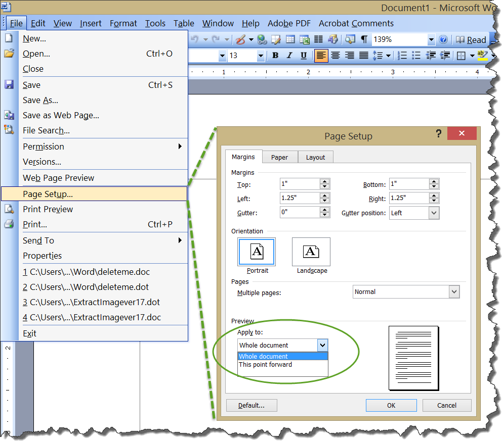 how to change margins on one page without page break