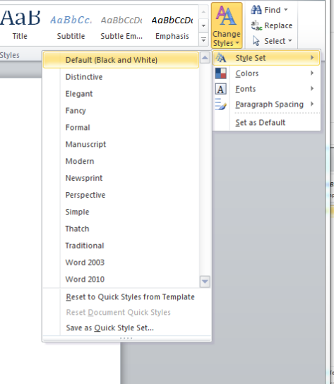 how to set a style set in word