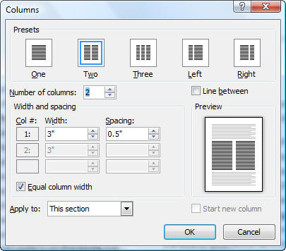 Columns Dialog Box - Microsoft Word Columns - Sections