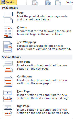 The Break dialog for Word 2007 and Word 2010, accessible from the Page Layout Tab