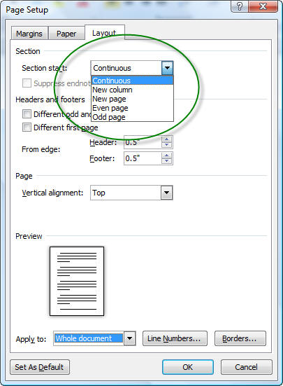 sections type selection dialog microsoft word header footer
