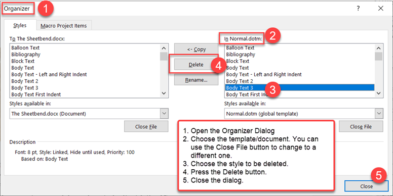 Use the Organizer to Delete Styles in Word - dialog box with steps
