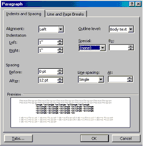 Setting indents in the Paragraph Properties dialog