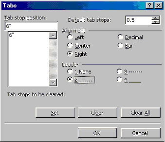 Setting tabs in the Tabs dialog