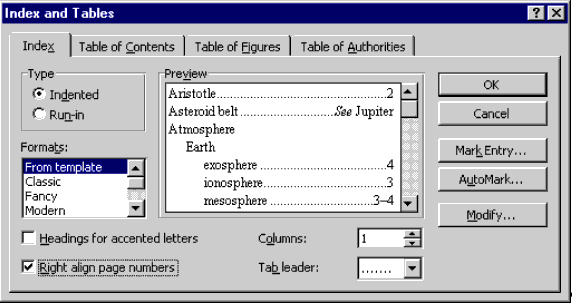 The Word 97 Index and Tables dialog, with the Index tab selected