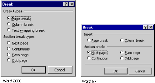 The Break dialog for Word 2000 and Word 97, accessible from the Insert menu
