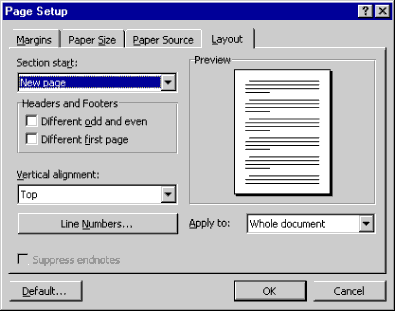 Page setup dialog with the Layout tab selected