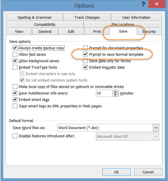 prompt to save normal template word 2016