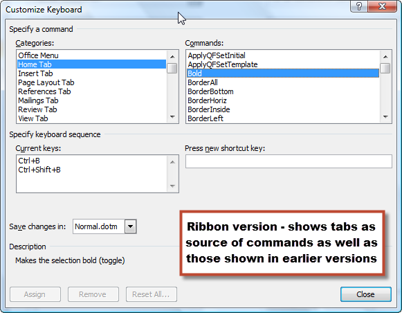 keyboard commands for word 2010