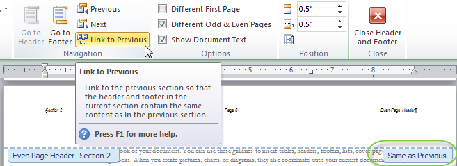 word link to previous header not working