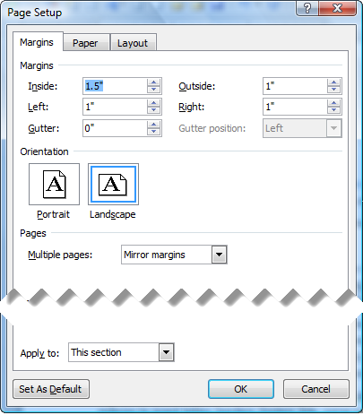 set landscape orientation in word for this point forward