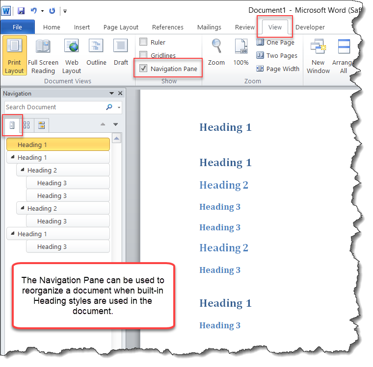 Move Pages using Navigation Pane in Microsoft Word