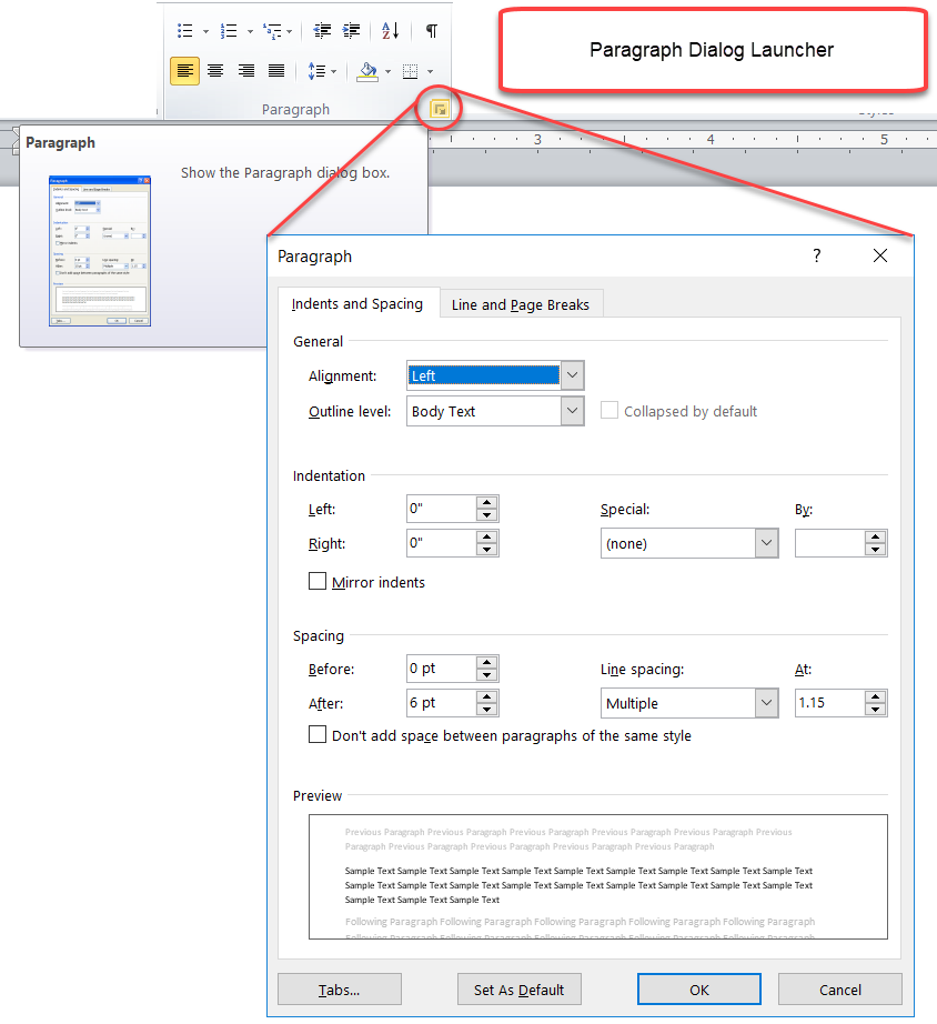 paragraph group dialog box launcher