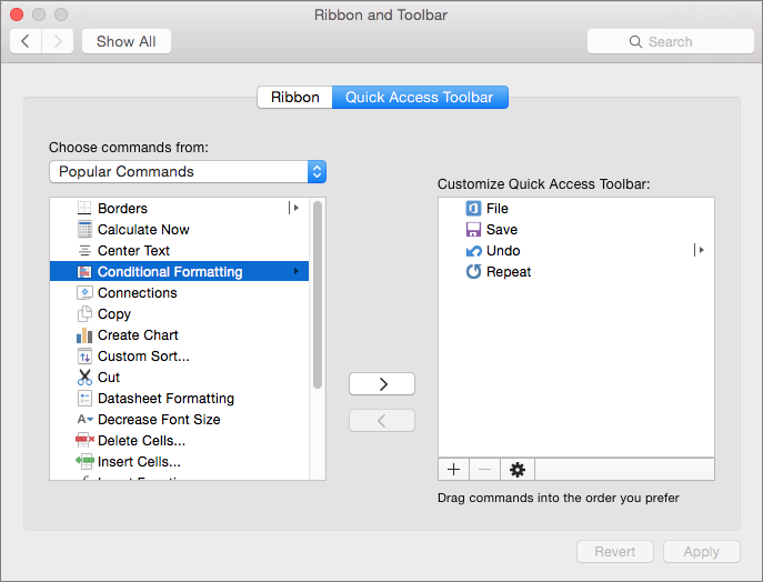 Modify the Quick Action Toolbar - QAT - Mac