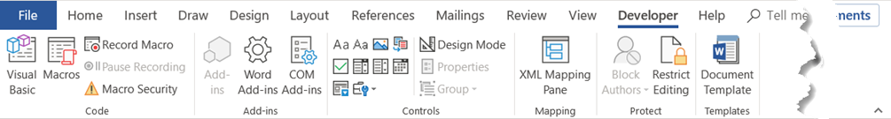 where is design mode under developer tab word 2016