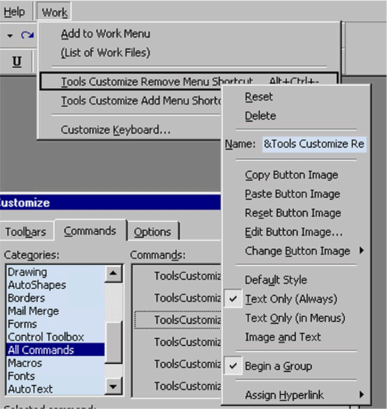 Context (right-click) menu for customizing menu commands.