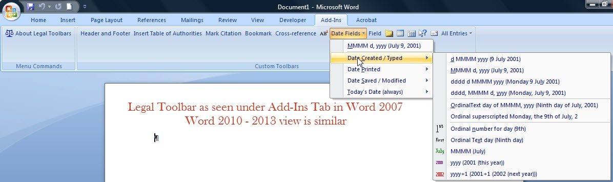 Add-Ins legal toolbar dates help Microsoft Word