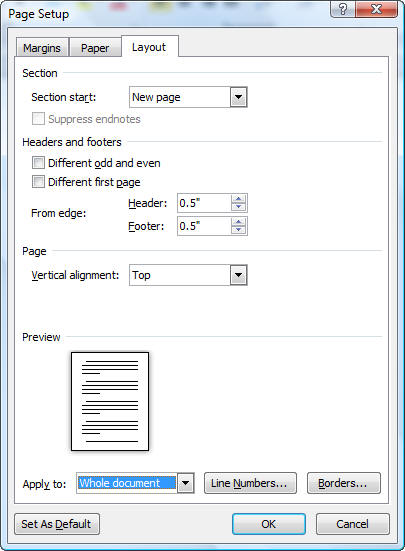 Page Setup Dialog In Microsoft Word