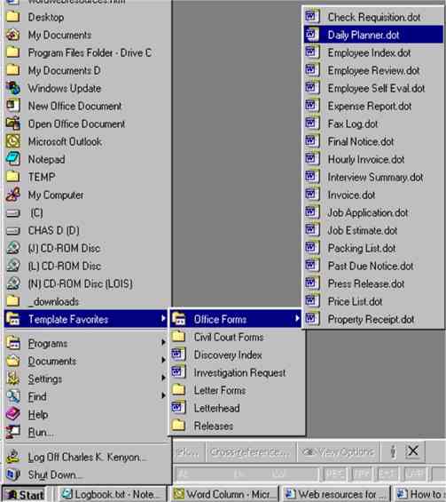 Start Menu containing a Templates Menu for use in Word.
