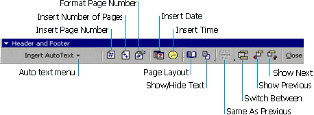 Header and Footer Toolbar in Microsoft Word (with legend)