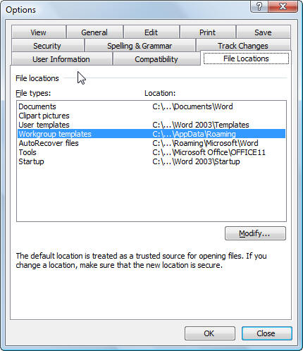 word 2016 template location win 10