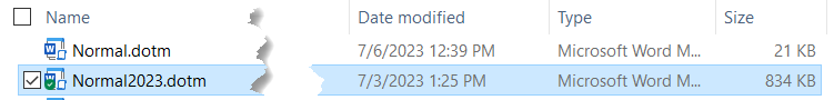 screenshot of file explorer comparison of two Normal.dotm files