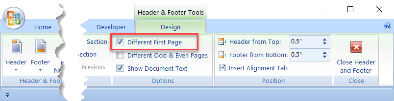 Different First Page in Headers and Footers Word 2007 Help