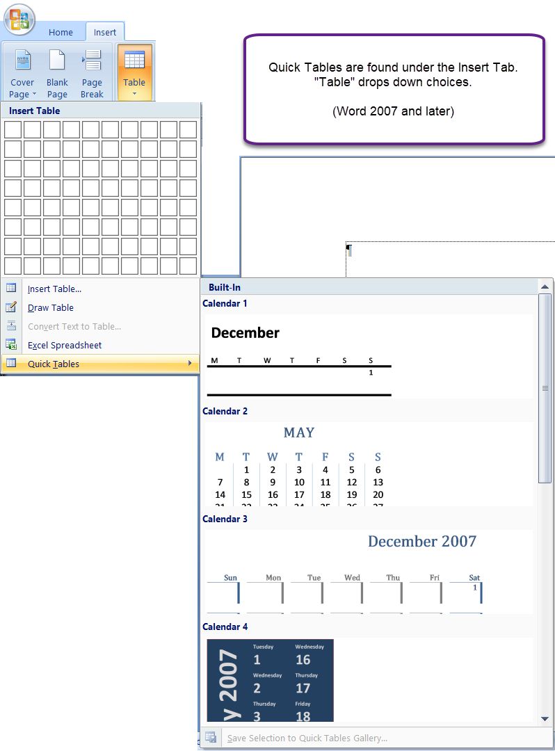 Quick Tables in Microsoft Word