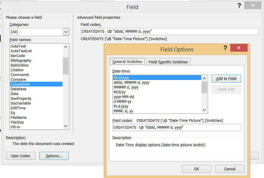 Fields in Word. Word fields. Dialogbox.