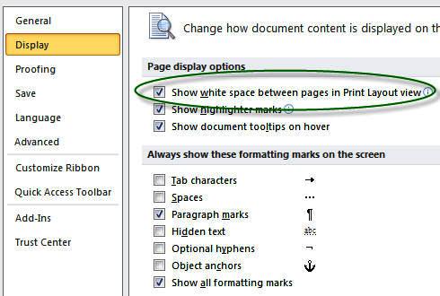 Page numbers Sections Microsoft Word White Space