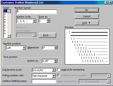 The Customize Outline Numbered List dialog
