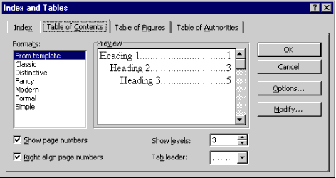 The Word 97 Index and Tables dialog, with the Table of Contents tab selected