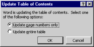 The Update Table of Contents dialog