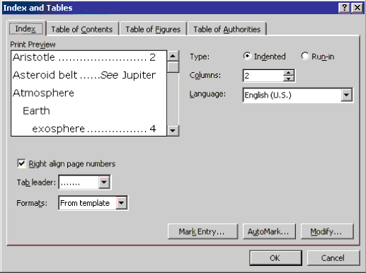 The Word 2000+ Index and Tables dialog, with the Index tab selected