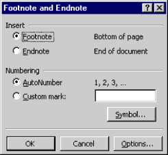 The Footnote and Endnote dialog from the Insert Footnote menu item