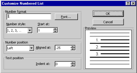 Customized Numbered List dialog