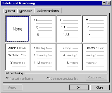 Bullets and Numbering dialog with the Outlined Numbered tab selected