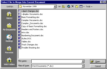 File open dialog in Word 2000 with a list of files