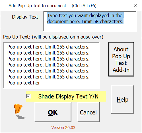 Add Pop Up Text Add-In dialog - shareware