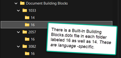 Screenshot showing locations of Built-In Building Blocks.dotx files.