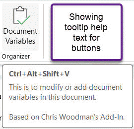 Document Variables Organizer for Word 2007 and later button