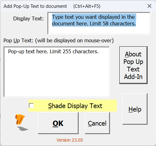 Add Pop Up Text Add-In dialog - shareware