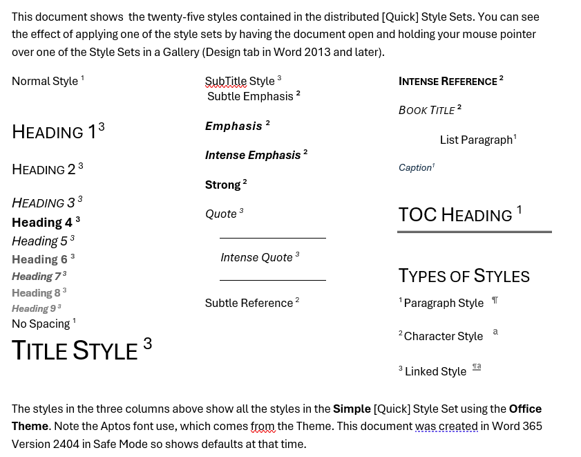 Macro-free document exploring Quick Styles in Word
