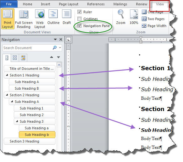 Navigation Pane in Word 2010 image Document Map